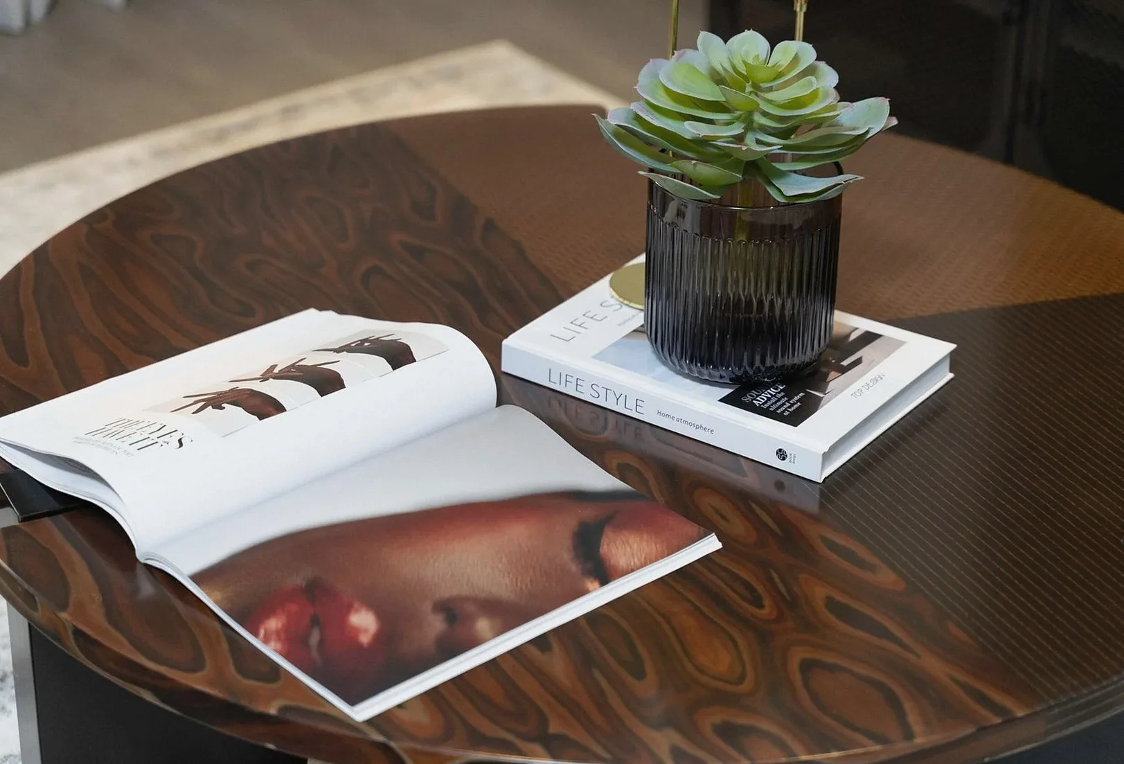 Stylish coffee table with a succulent and lifestyle magazines, perfect for modern interiors.
